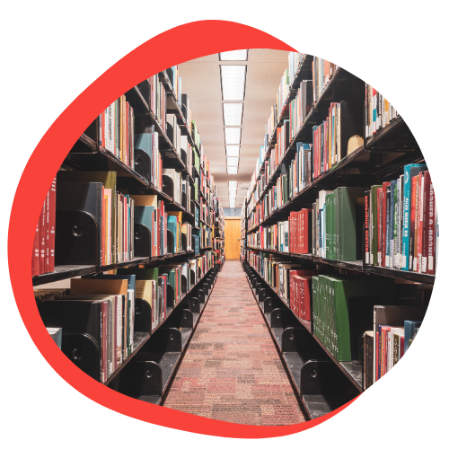 Row of books in a library.